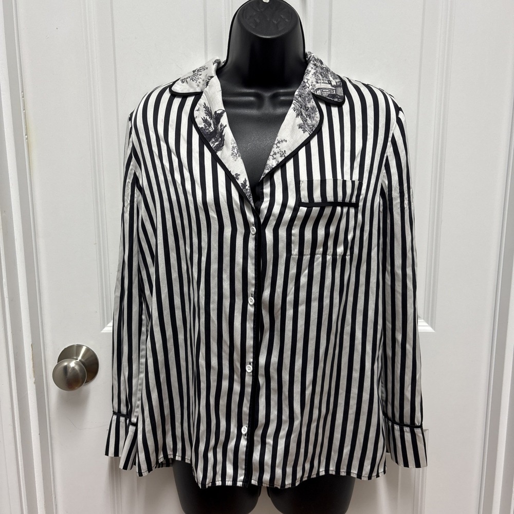 Alice Olivia Black White Stripe Silk Button‎ Up Pajama Shirt Top Size S P